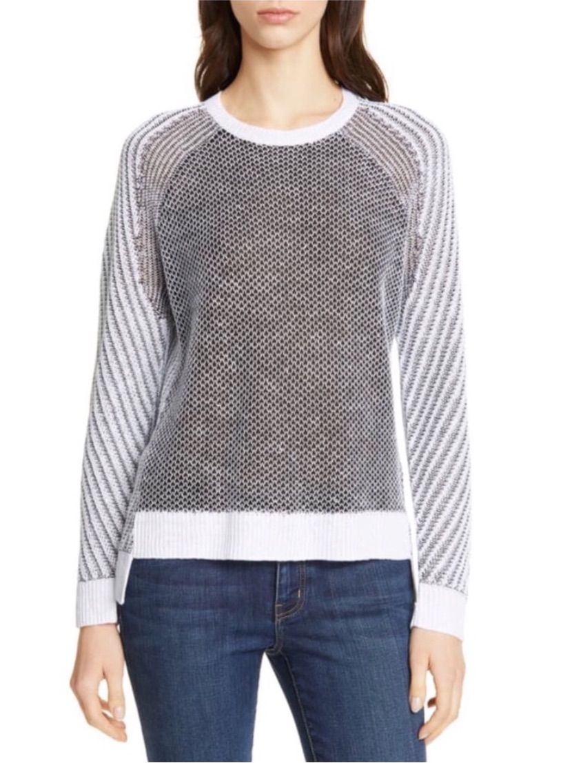 Eileen Fisher Step Hem Linen Cotton Silk Blend Sweater S Small Knit Black White